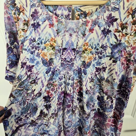 Soft Surroundings Coloures Pleated Blouse Womens Large Purple Floral Top Peasant - Picture 10 of 14